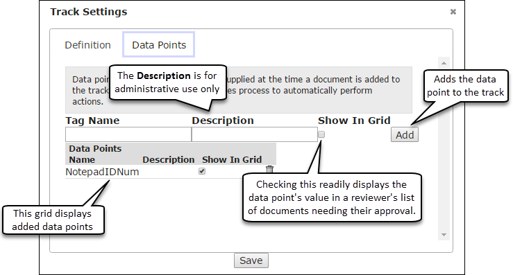 Track Settings, Data Points tab with descriptions for different components.