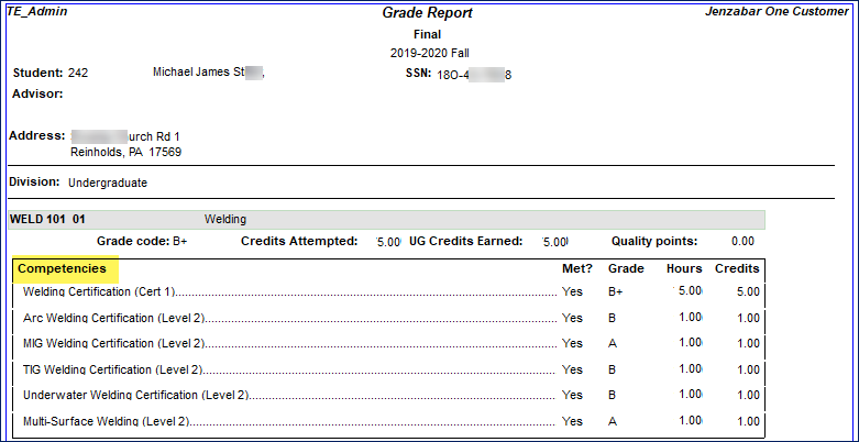 Grade Report preview showing a student course with the grade, credits, and hours for each competency