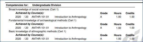 Transcript showing competencies listed at the end with their grades, credits, and hours