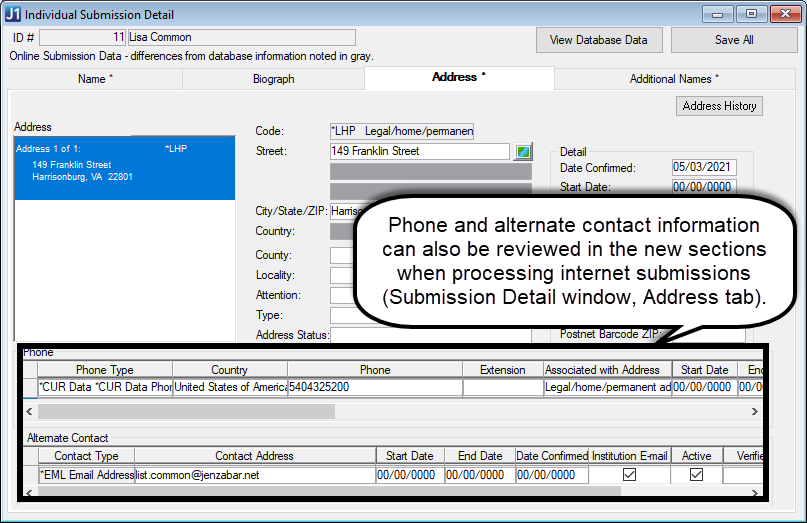 Image shows the Submission Detail window, Address tab with the new Phone and Alternate Contact sections highlighted.