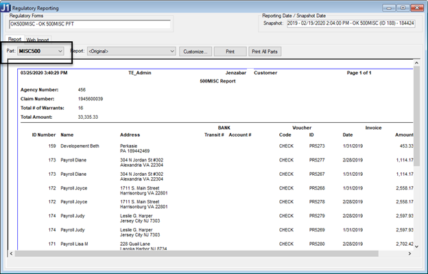 Regulatory Reporting window, MISC500 report.